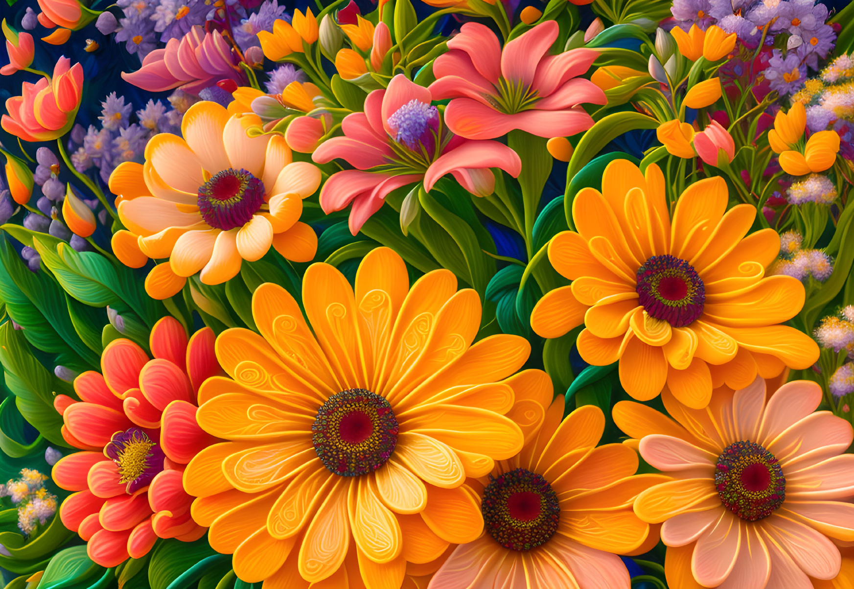 Colorful digital artwork featuring assorted flowers in orange, pink, and purple hues with a green foliage backdrop