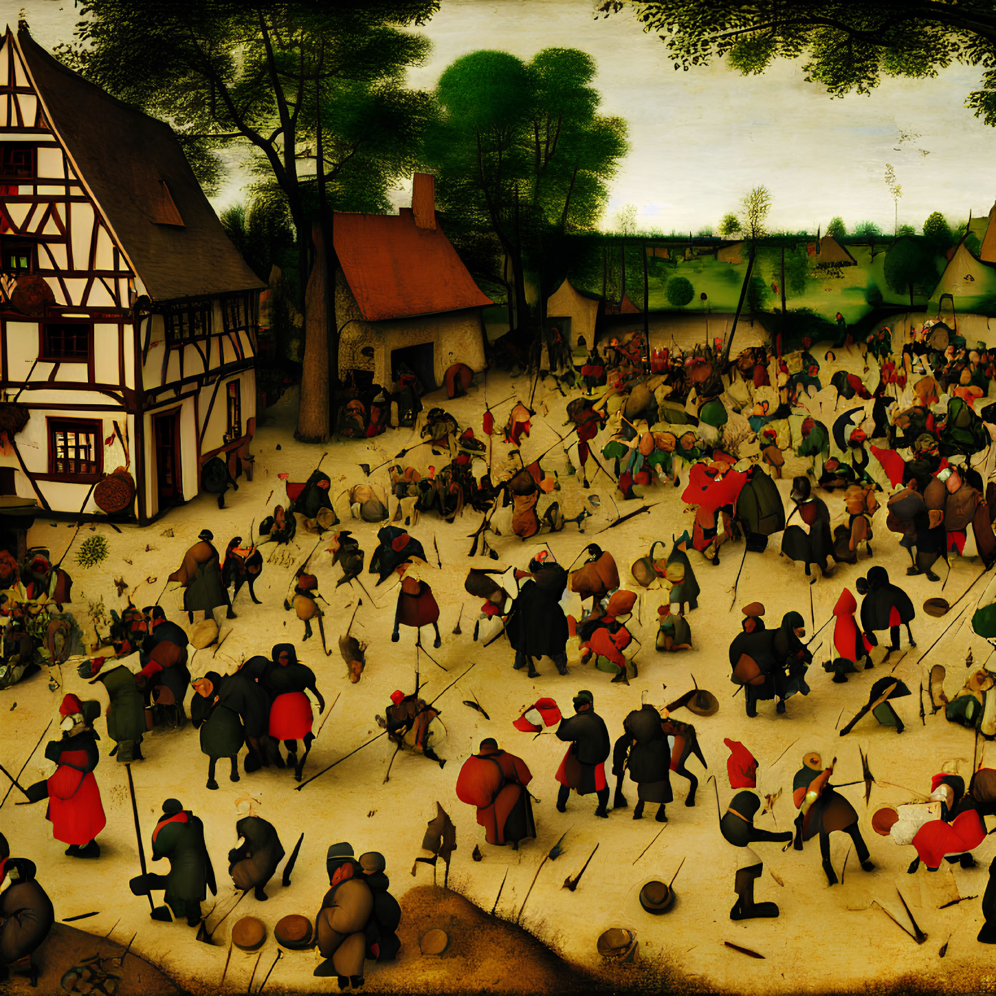 Medieval village with people dancing and playing near traditional houses