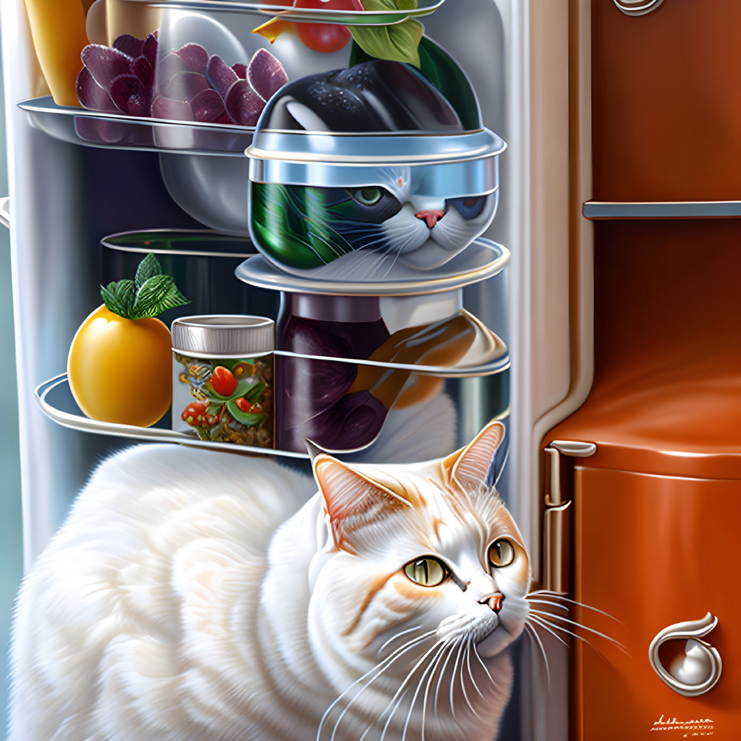 Illustration of two cats in fridge with fish and fruits