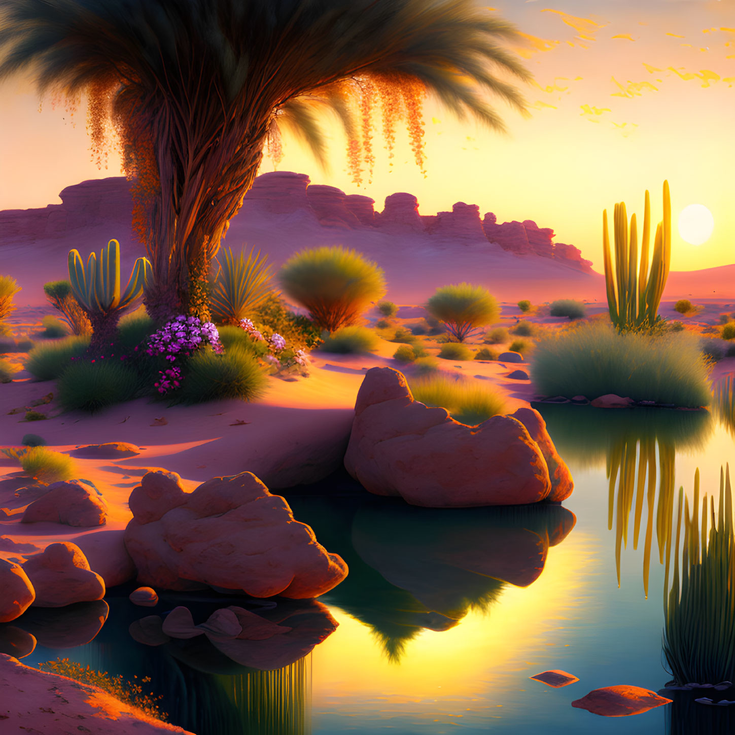 Tranquil desert oasis at sunset with palm tree, cacti, and water.