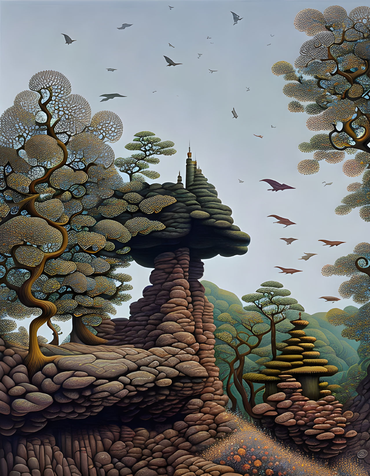 Fantasy forest illustration with towering trees, rock plateau, and birds