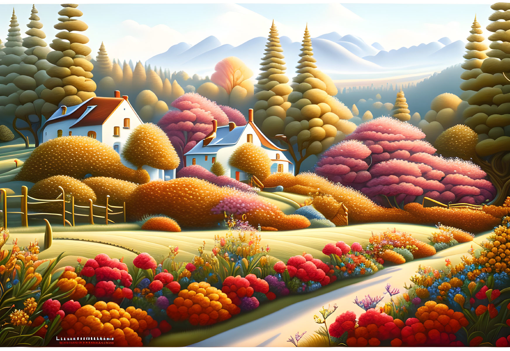 Colorful landscape with rolling hills, winding path, whimsical trees, and quaint houses.