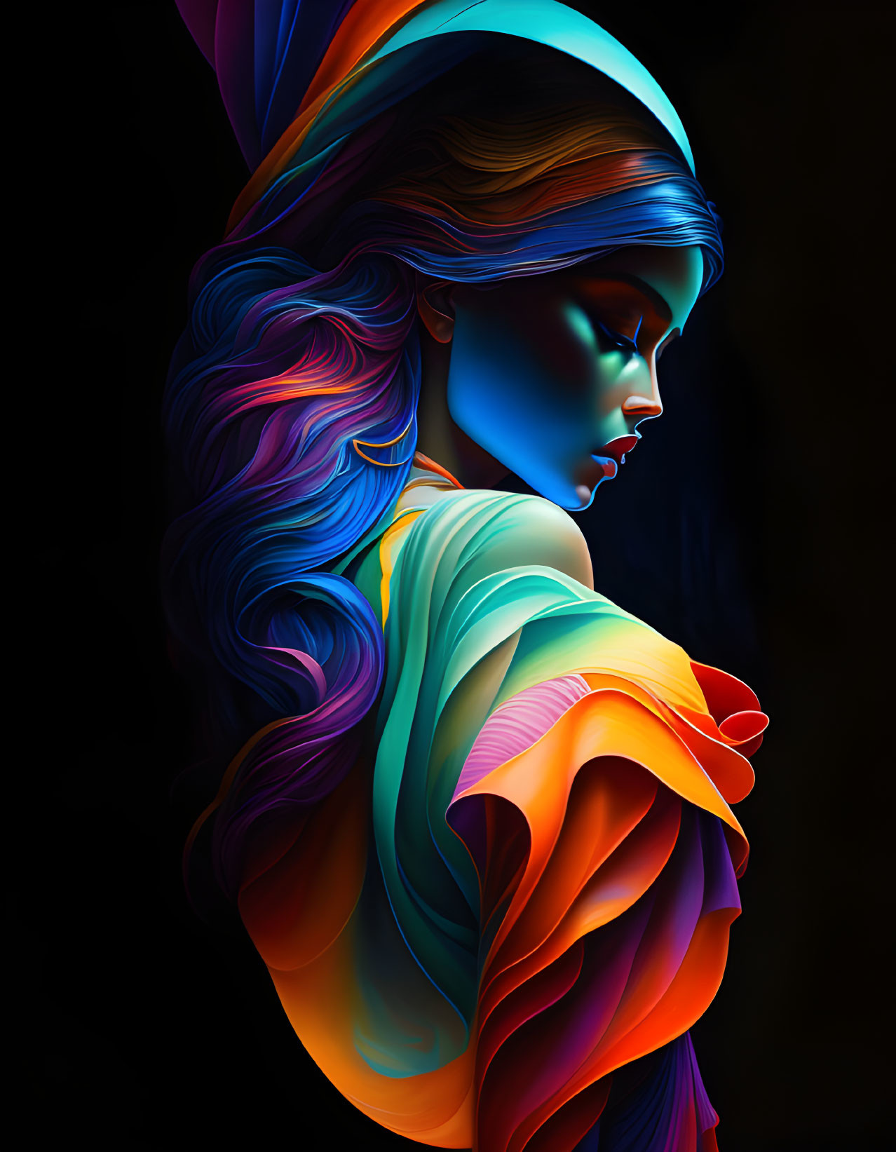 Colorful flowing hair and draped garment in neon glow against dark backdrop