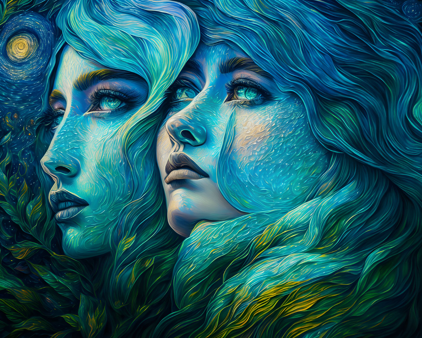 Digital Artwork: Two Female Faces with Blue Hair and Starry Night Theme