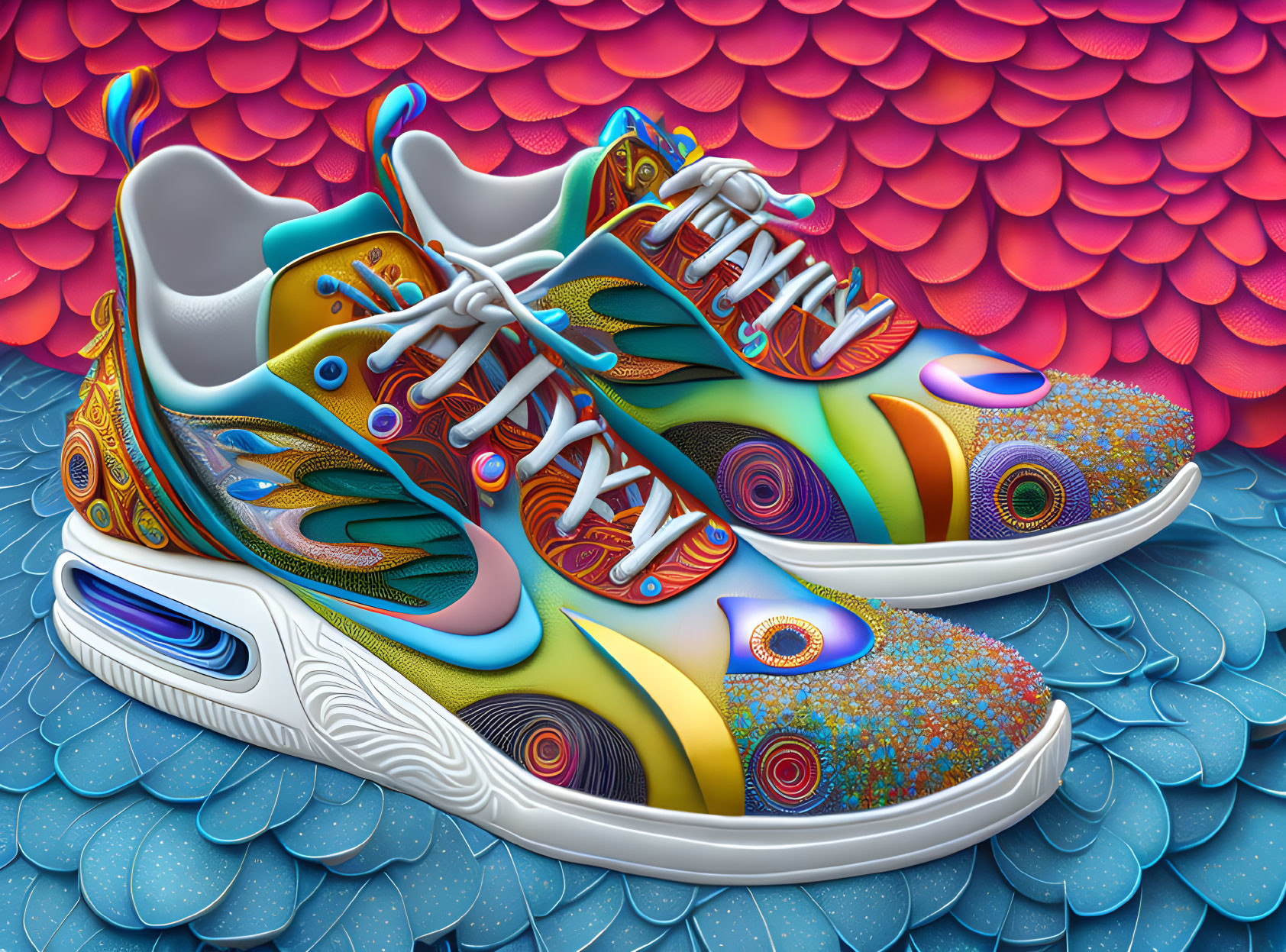 Colorful Psychedelic Pattern Sneakers on Fish Scale Background