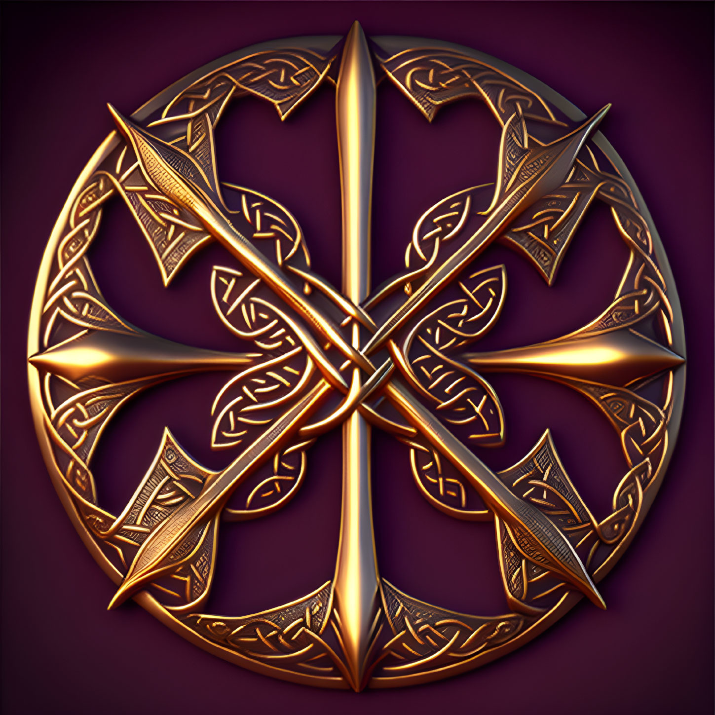 Golden Celtic Knot Symbol on Dark Purple Background with Arrowhead Accents