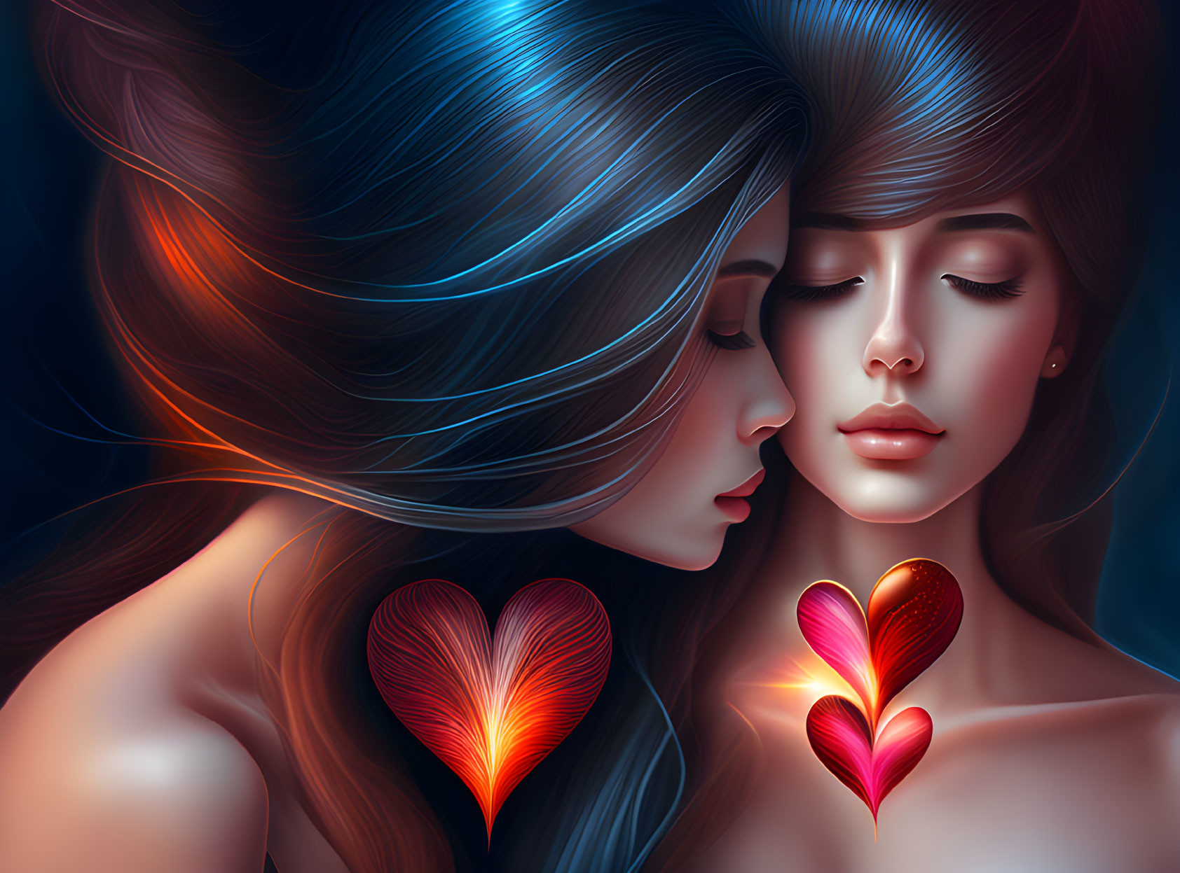 Stylized women with flowing hair and luminous hearts in intimate fantasy.