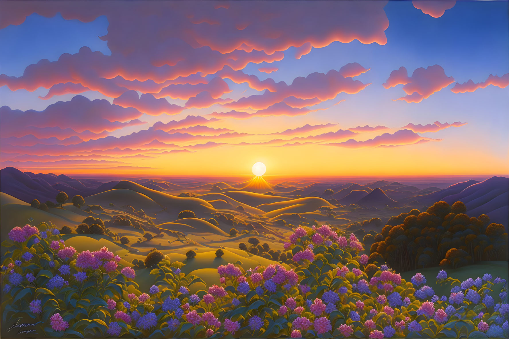 Scenic landscape with rolling hills, sunset sky, and purple flowers