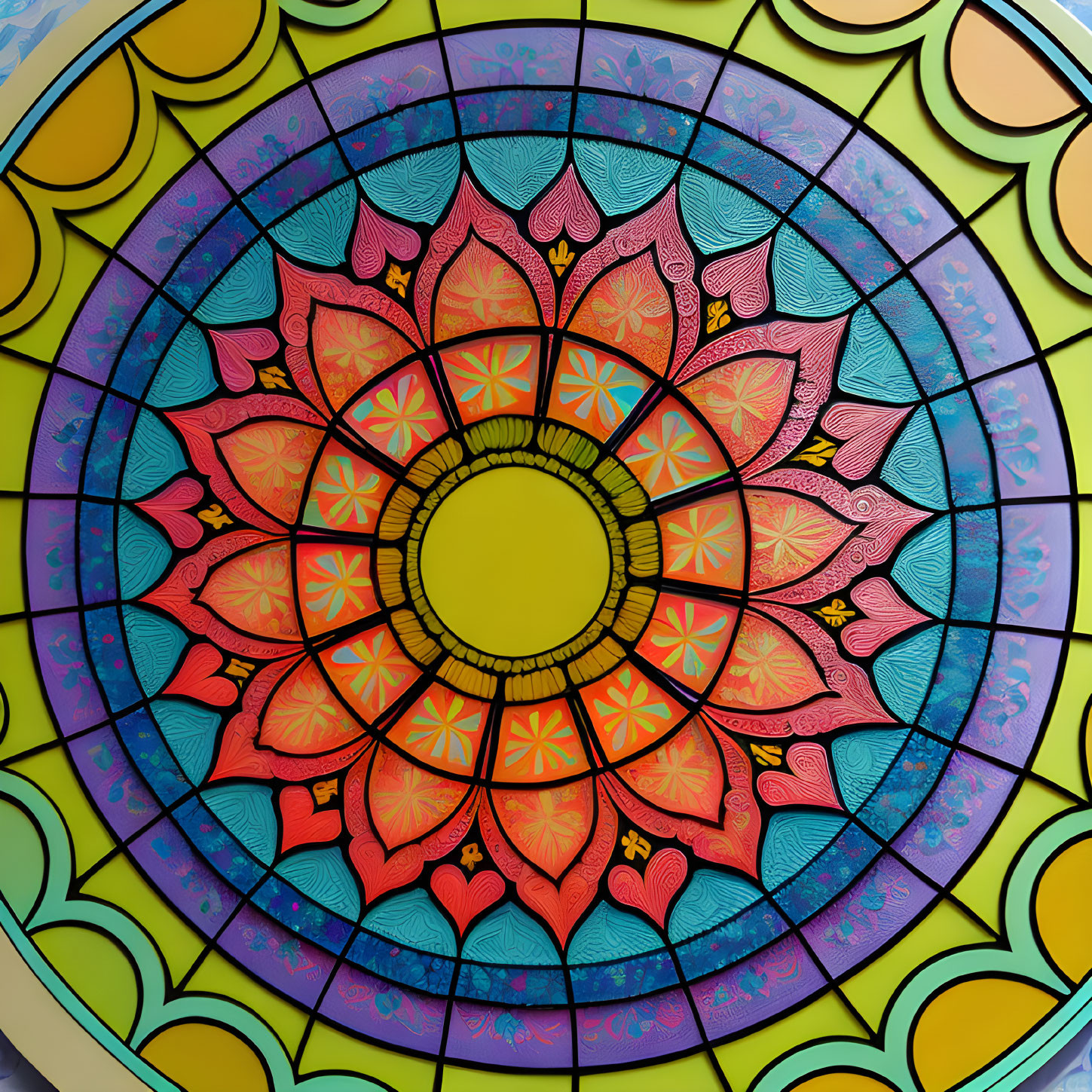 Colorful Mandala Design with Yellow Center and Intricate Patterns