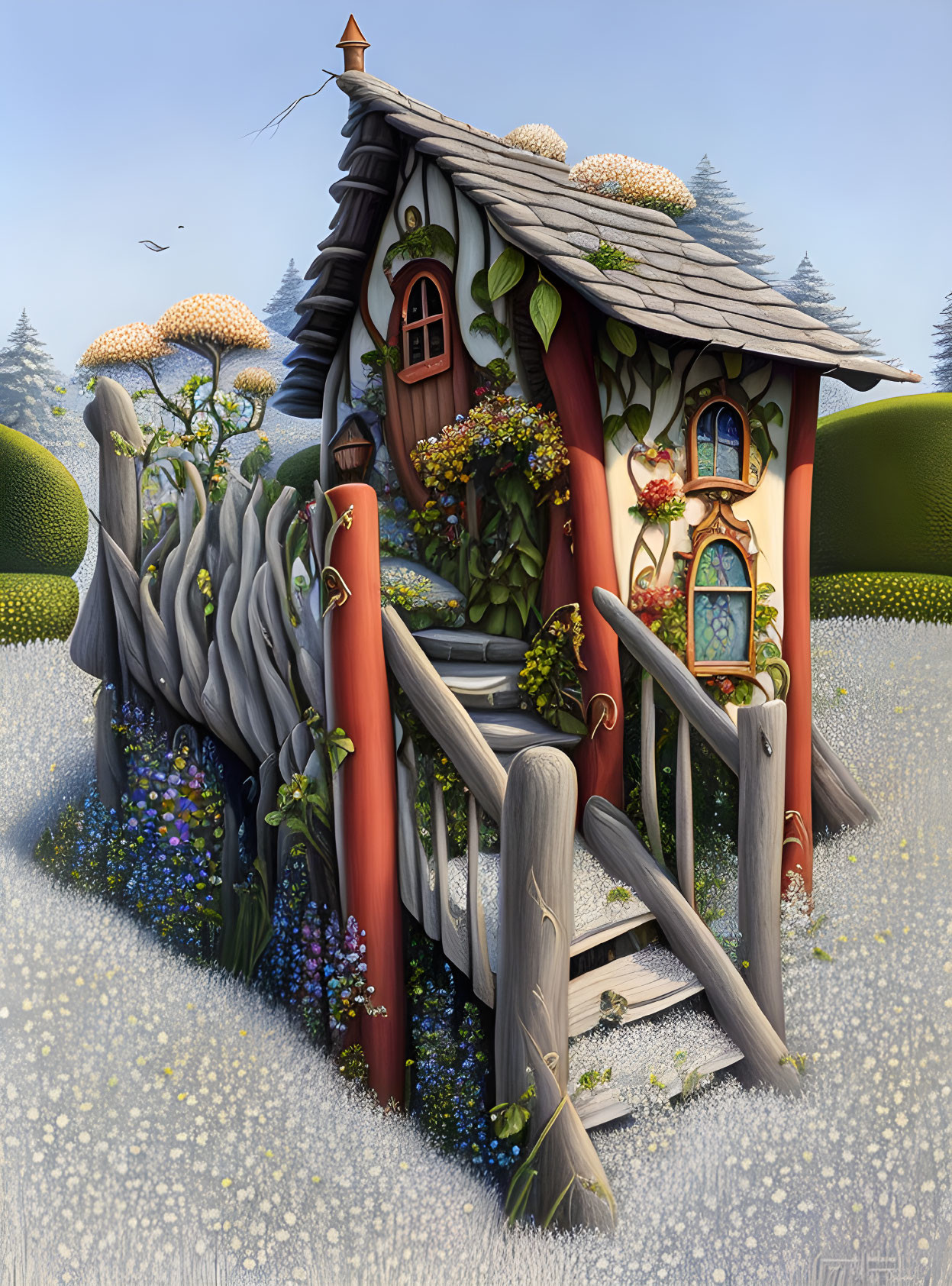 Illustration of Whimsical Storybook Cottage with Curved Roof