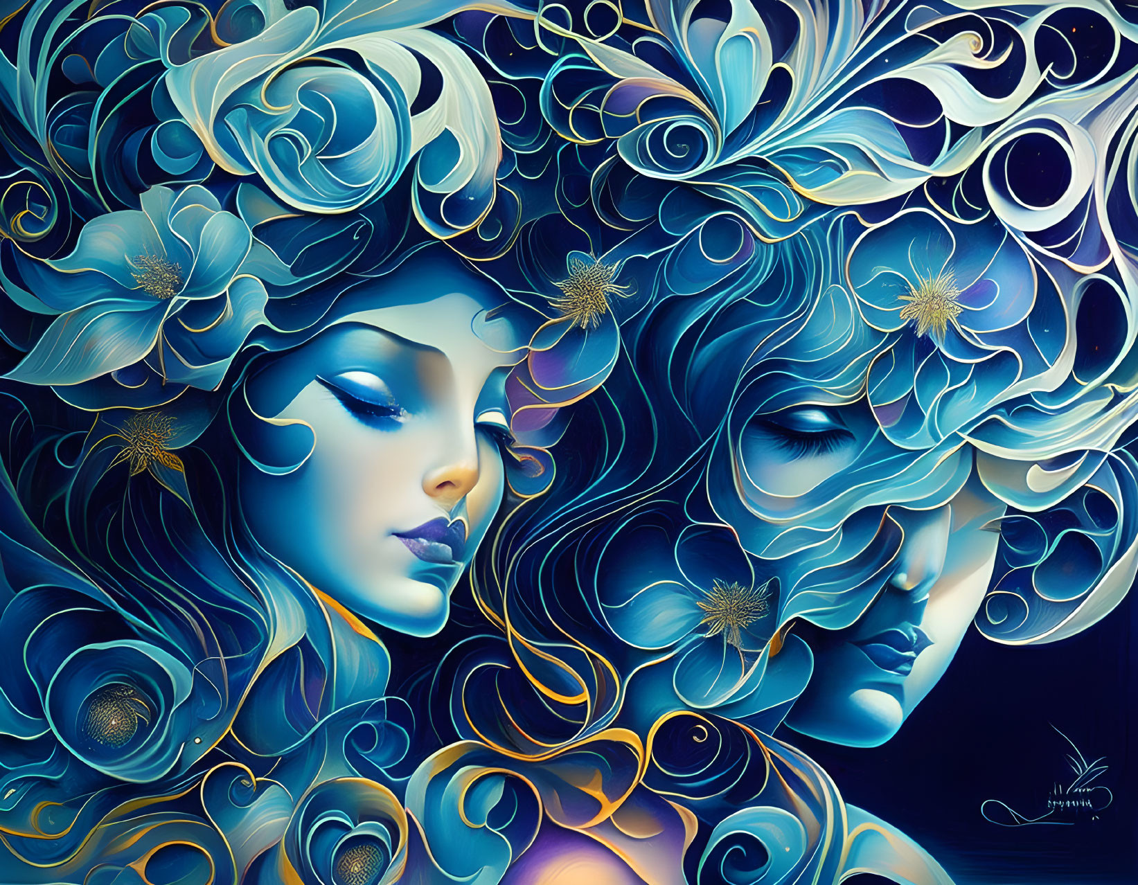 Colorful digital artwork: Two stylized female faces with floral patterns