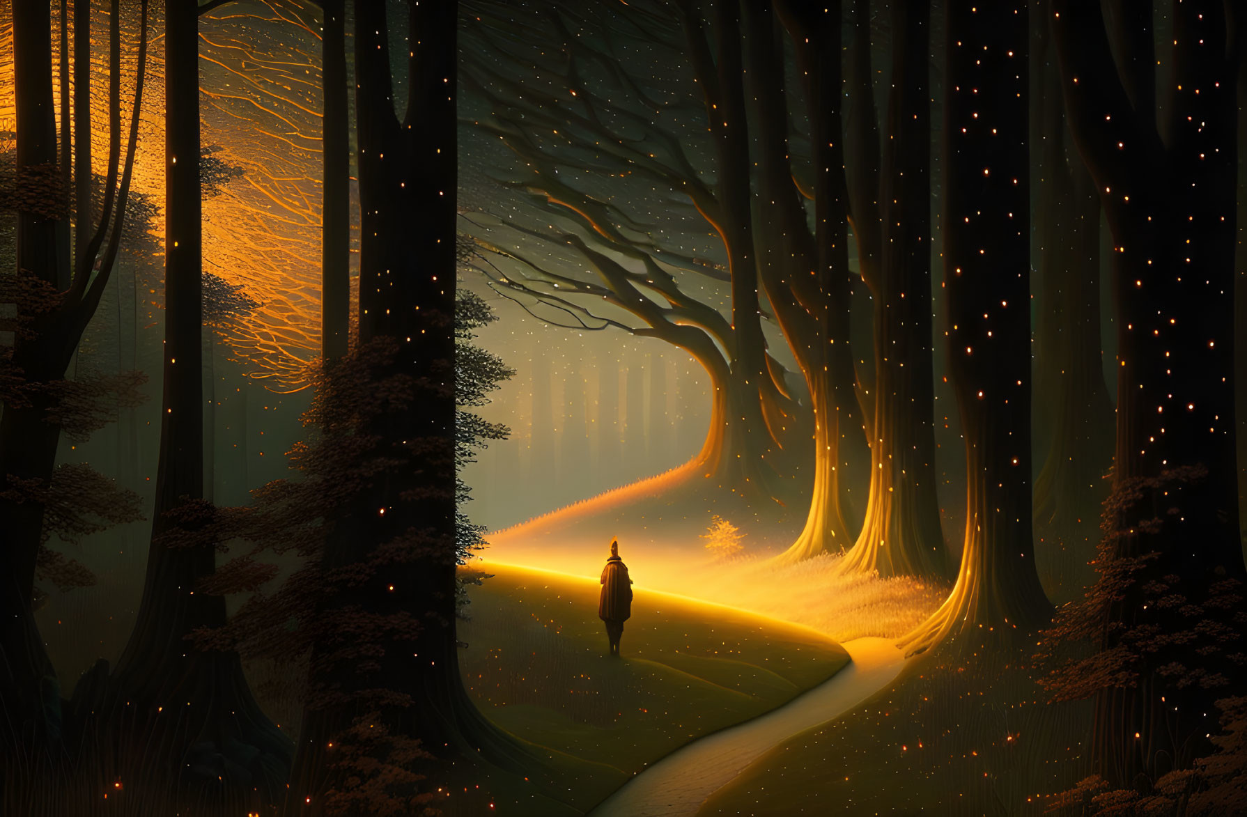 Figure walking on glowing path in mystical forest with towering trees.