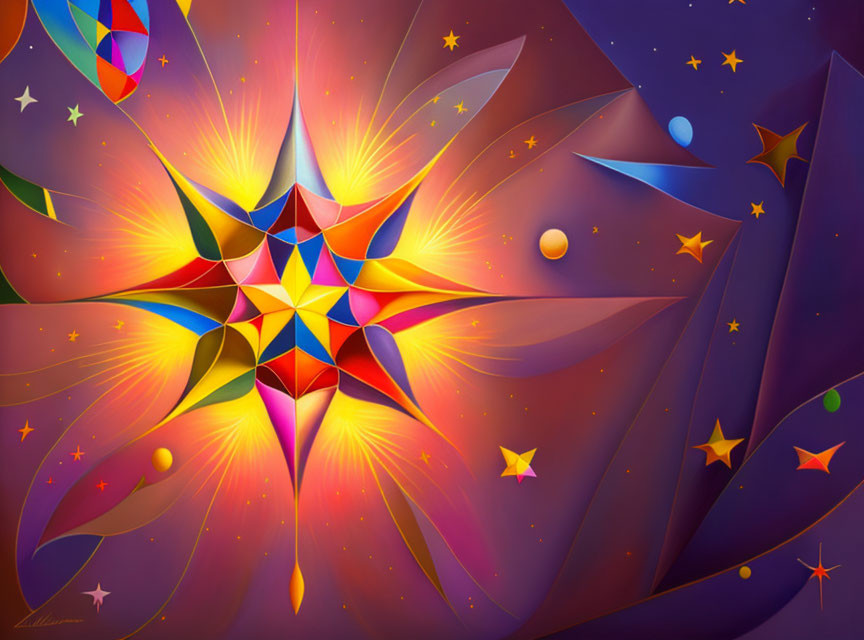 Colorful Abstract Cosmic Illustration with Starburst Center & Celestial Bodies