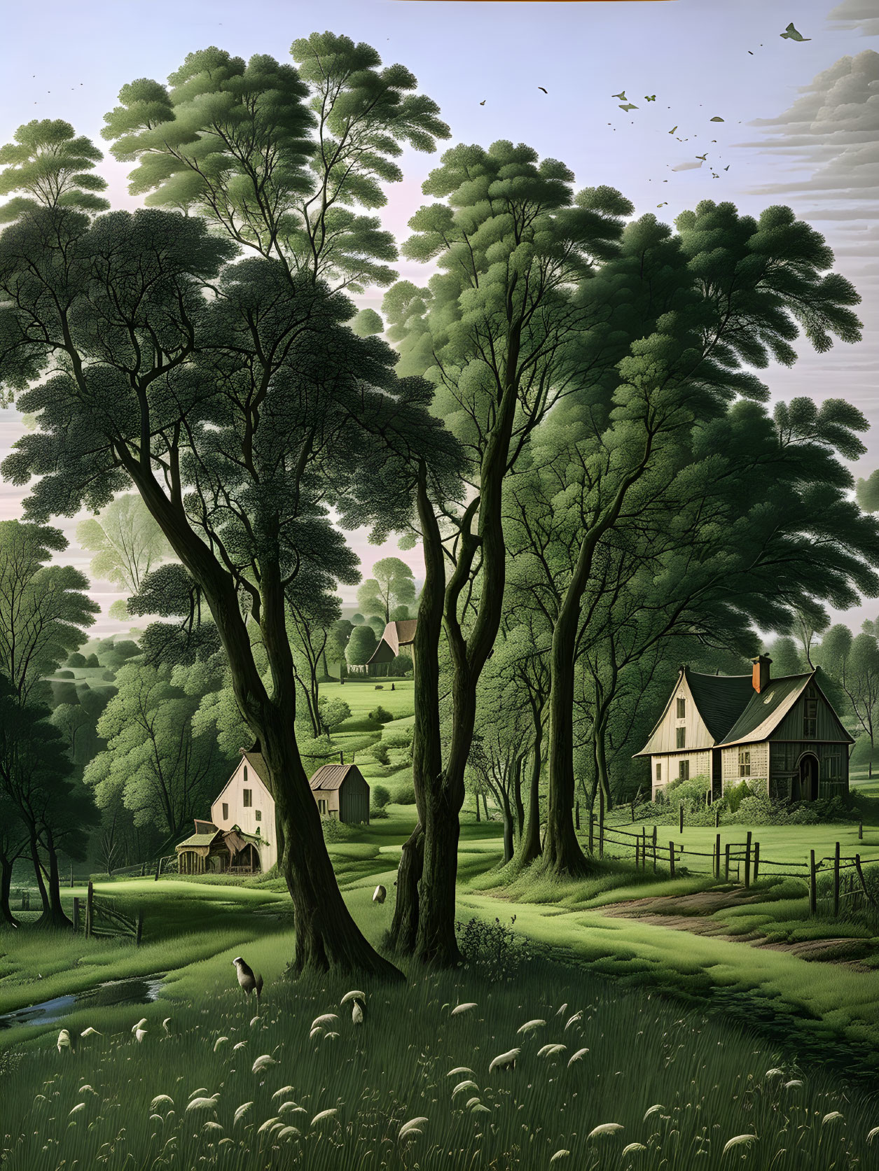 Tranquil landscape with tall trees, cozy houses, grazing sheep, and flying birds