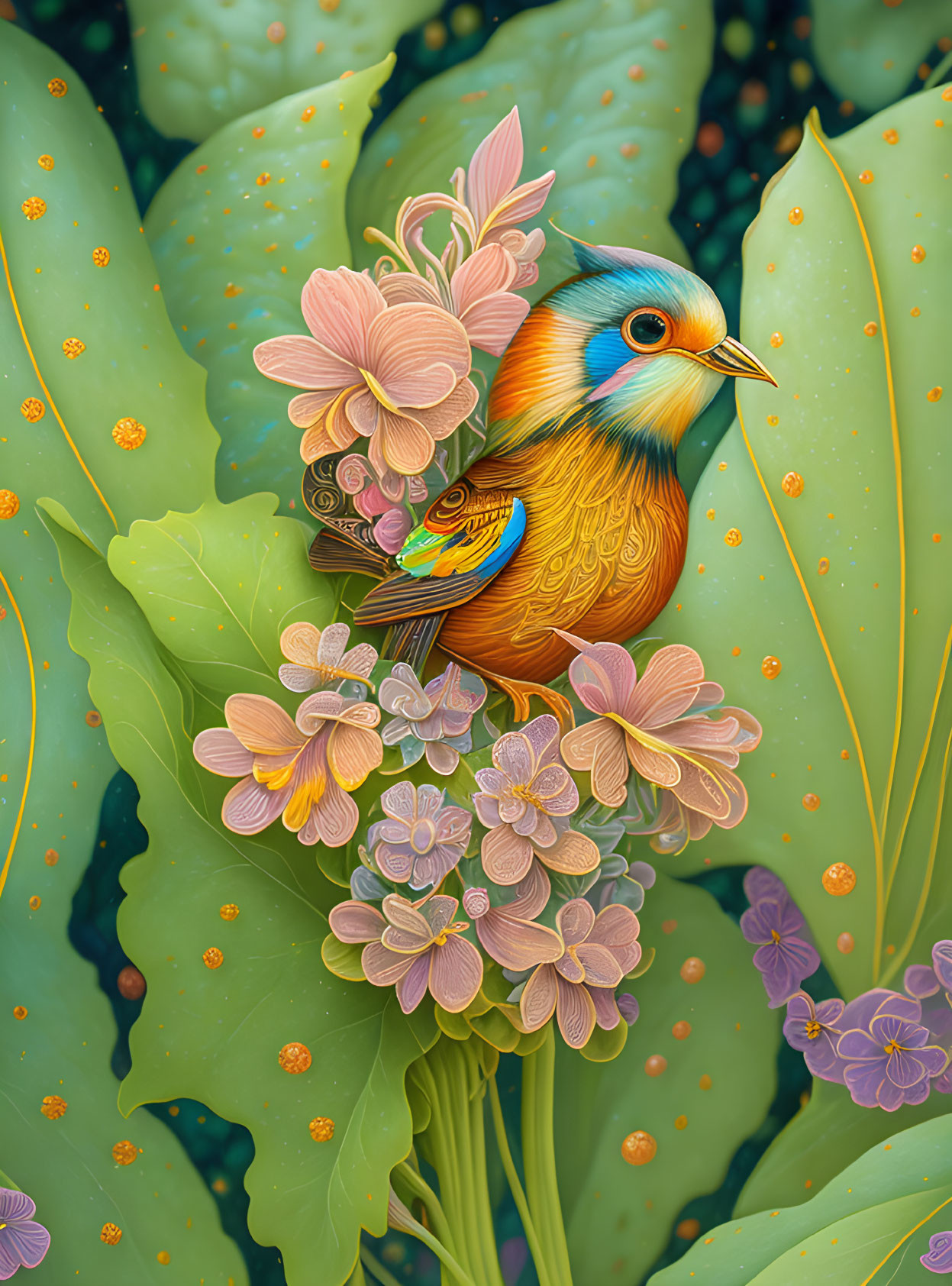 Colorful bird surrounded by green leaves and pink flowers in intricate illustration