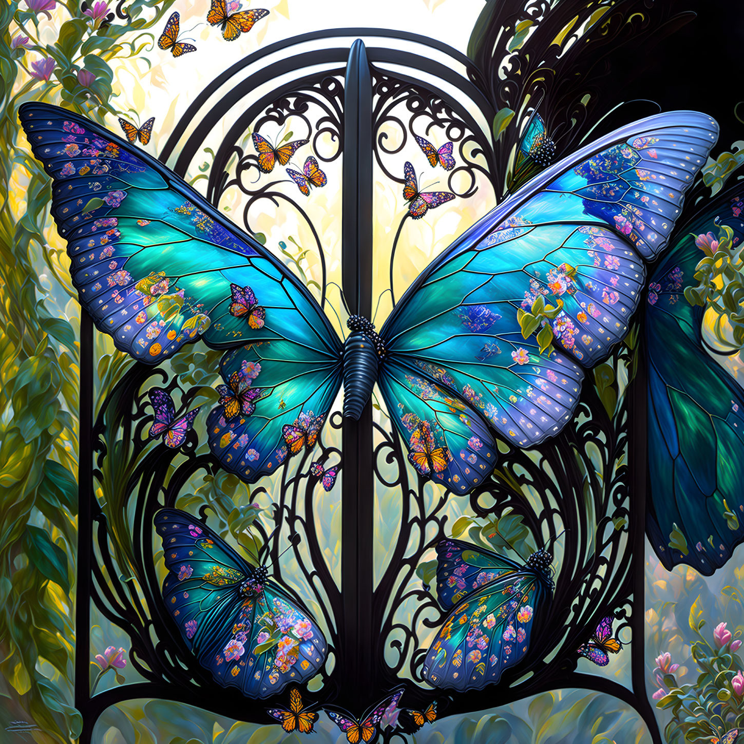 Colorful digital artwork of iridescent blue butterfly on swirling black gate in lush foliage