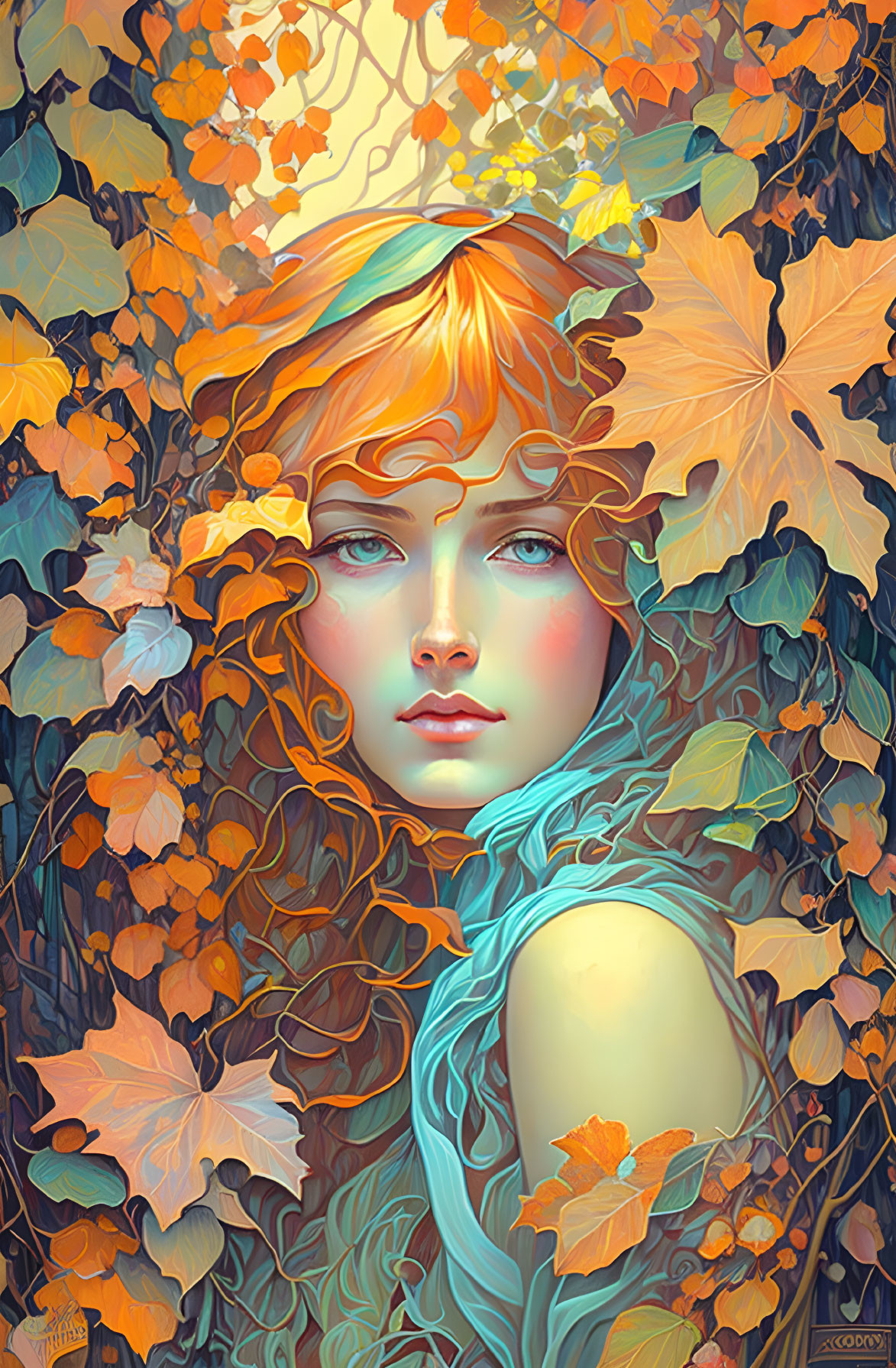 Digital artwork of woman embodying autumn with colorful leaves and vines.