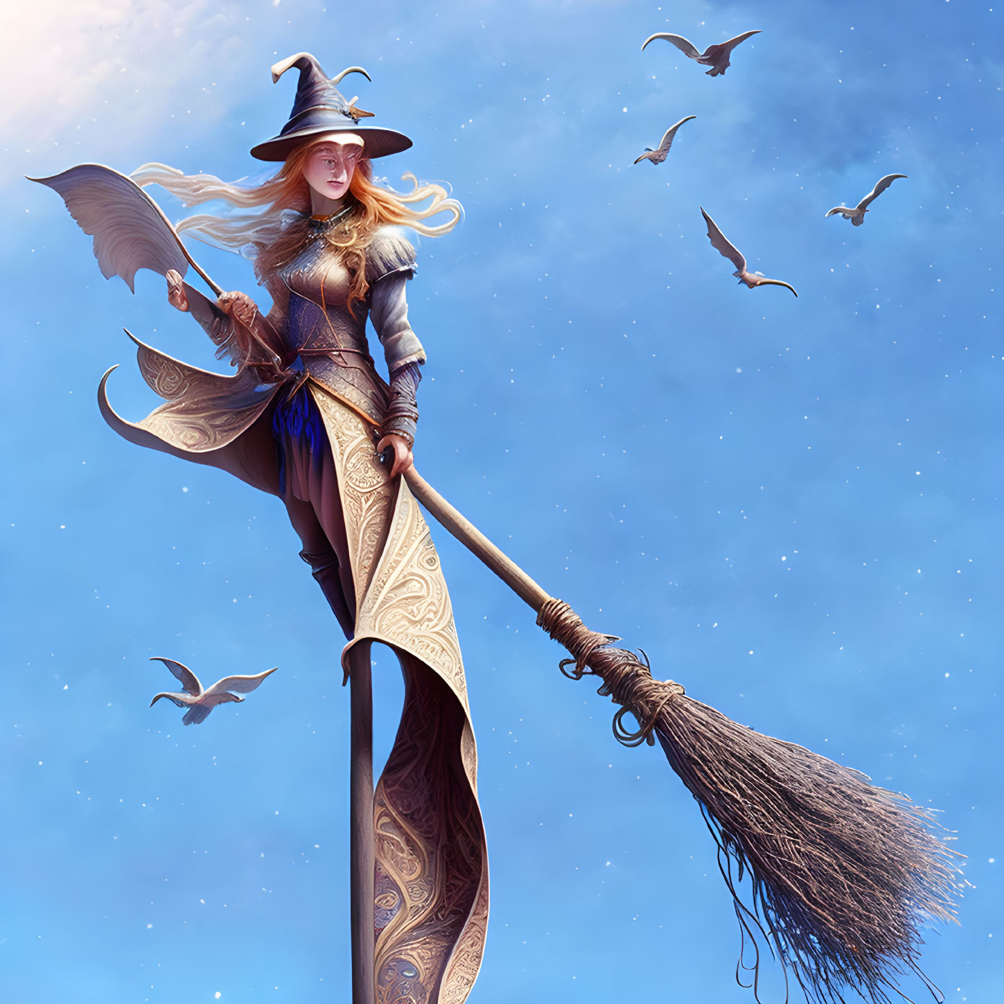 Witch flying on broomstick with birds in blue sky