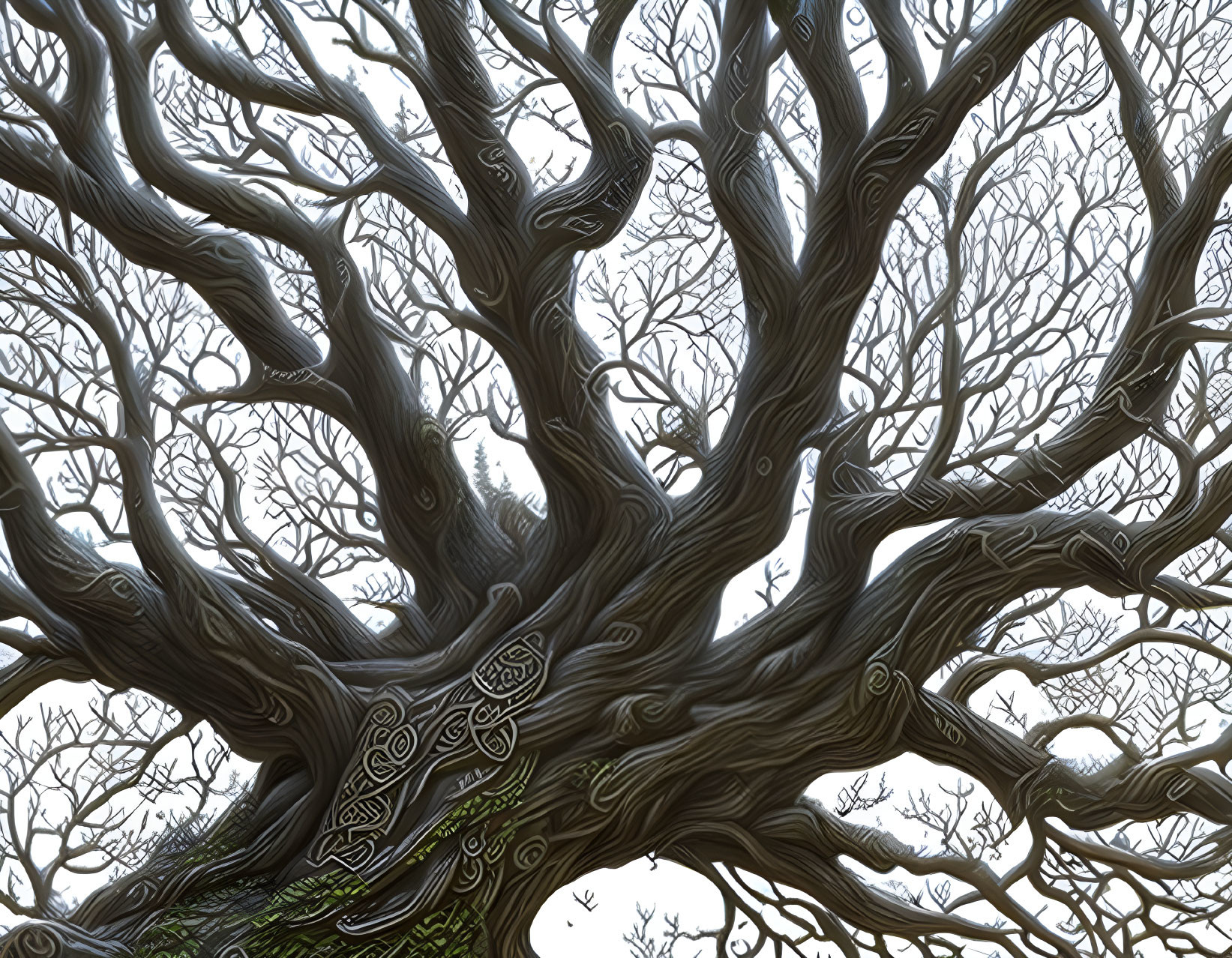 Detailed illustration: Large twisting tree with complex bare branches on bright backdrop