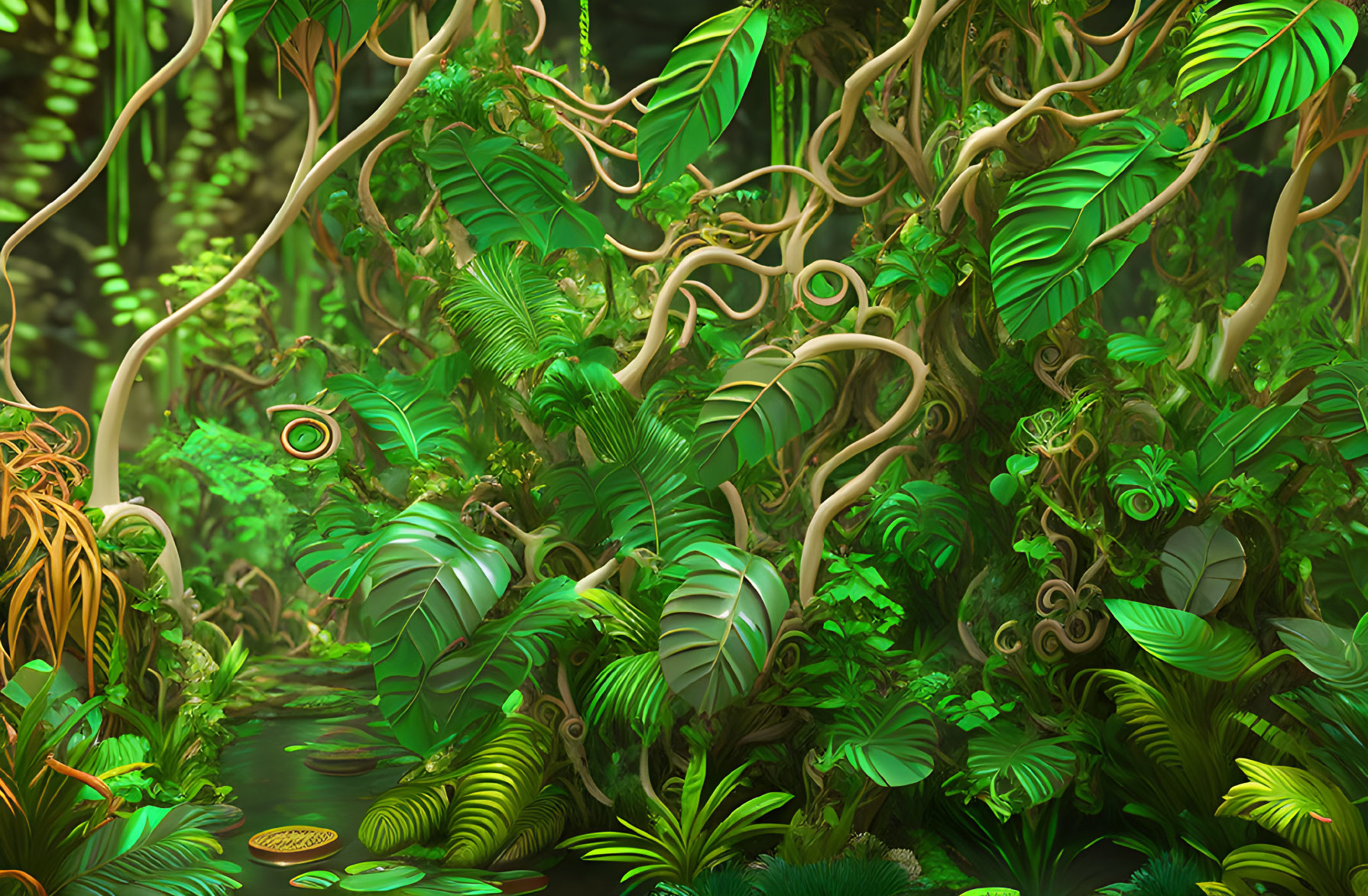 Lush Green Jungle Scene with Vibrant Vegetation