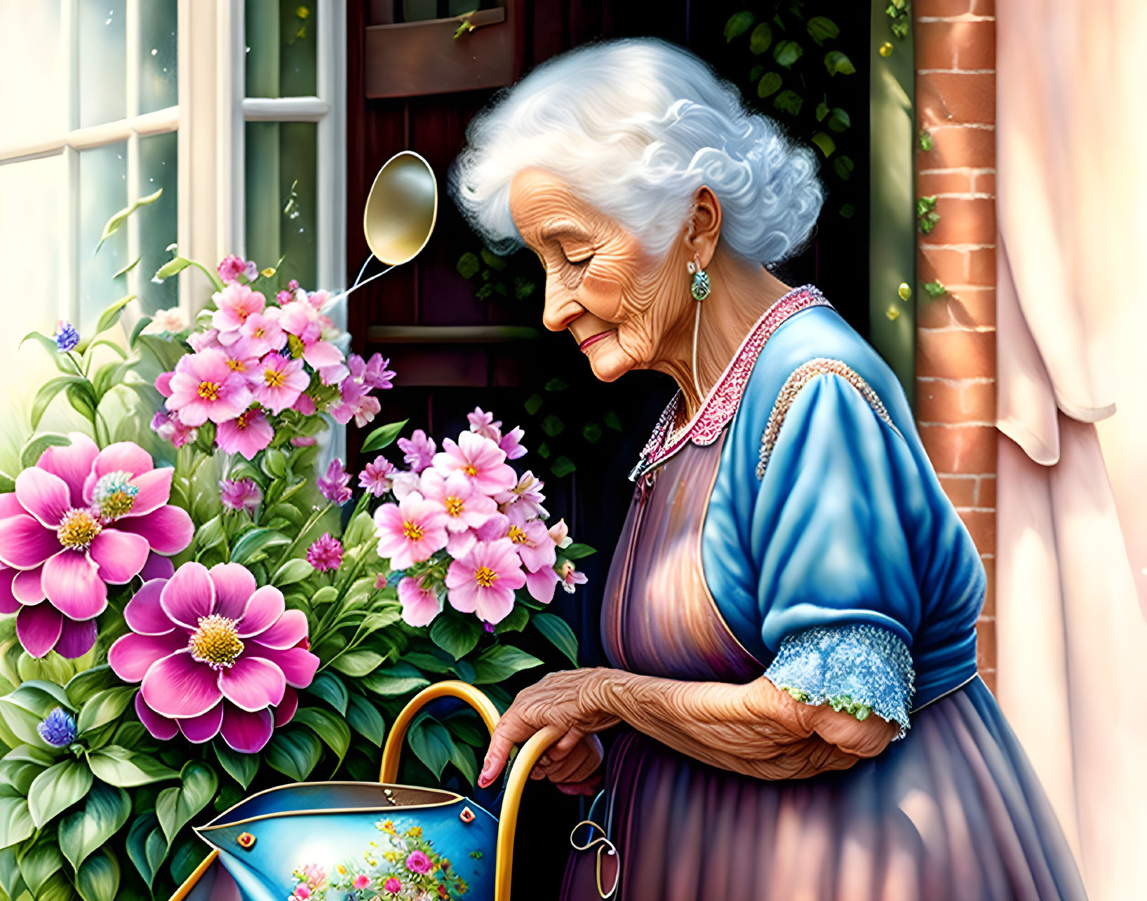 Elderly animated woman in blue dress watering flowers by window