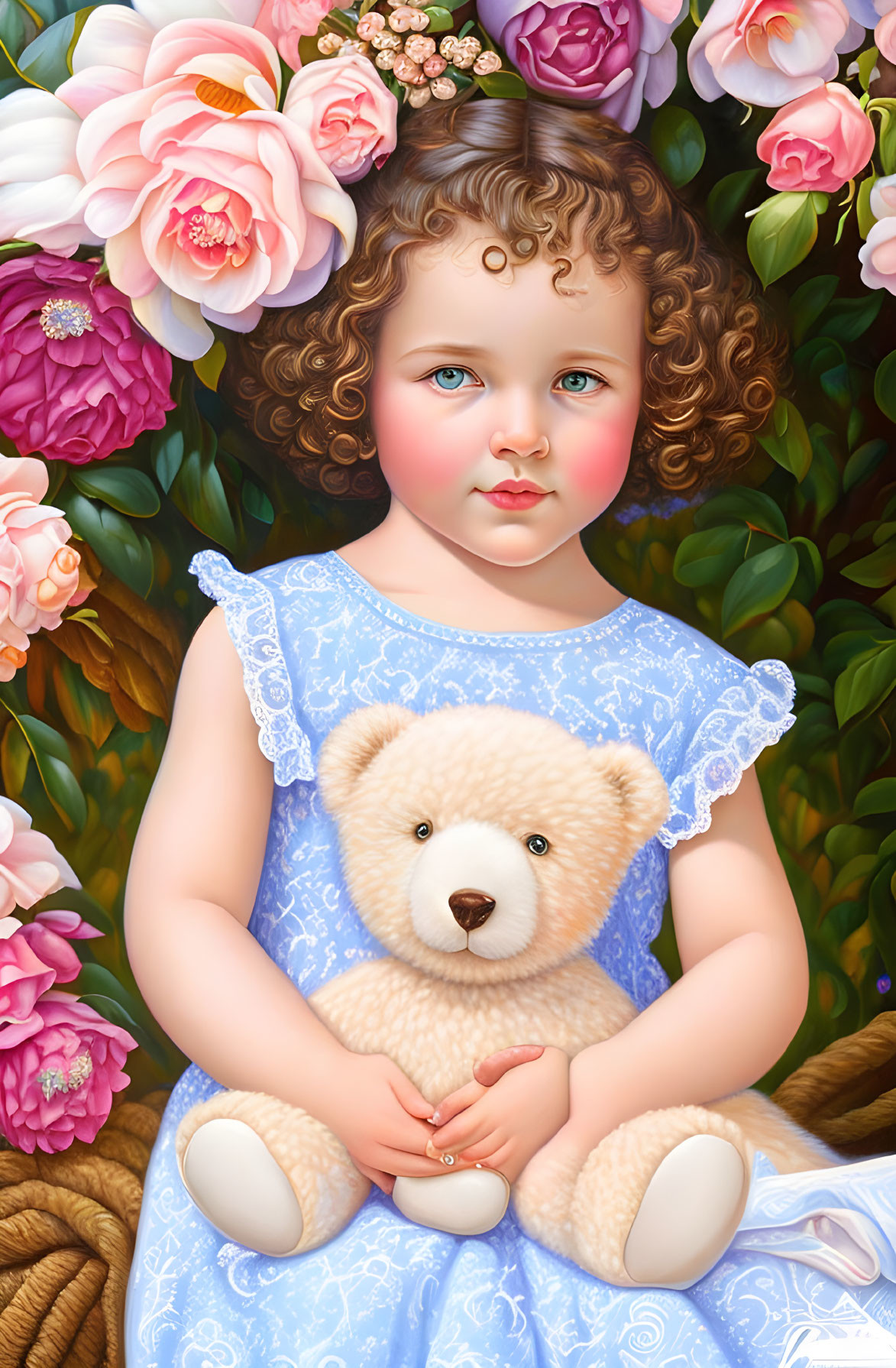 Young Child in Blue Dress with Teddy Bear Surrounded by Pink and White Roses