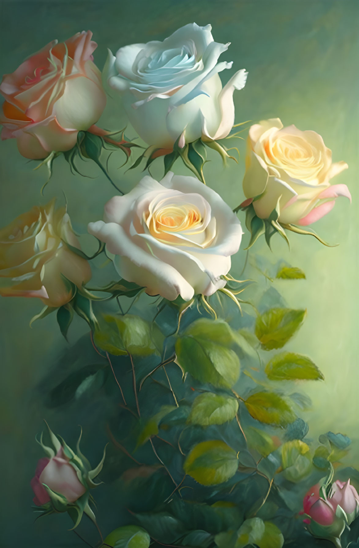 Pastel bouquet painting with roses in cream, peach, and light blue