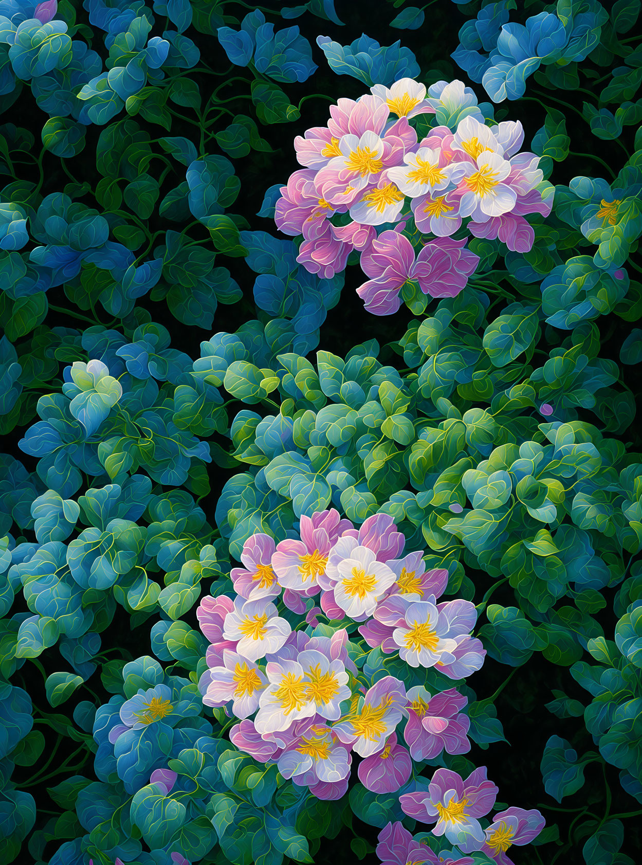 Colorful painting of pink and yellow blossoms in lush green foliage