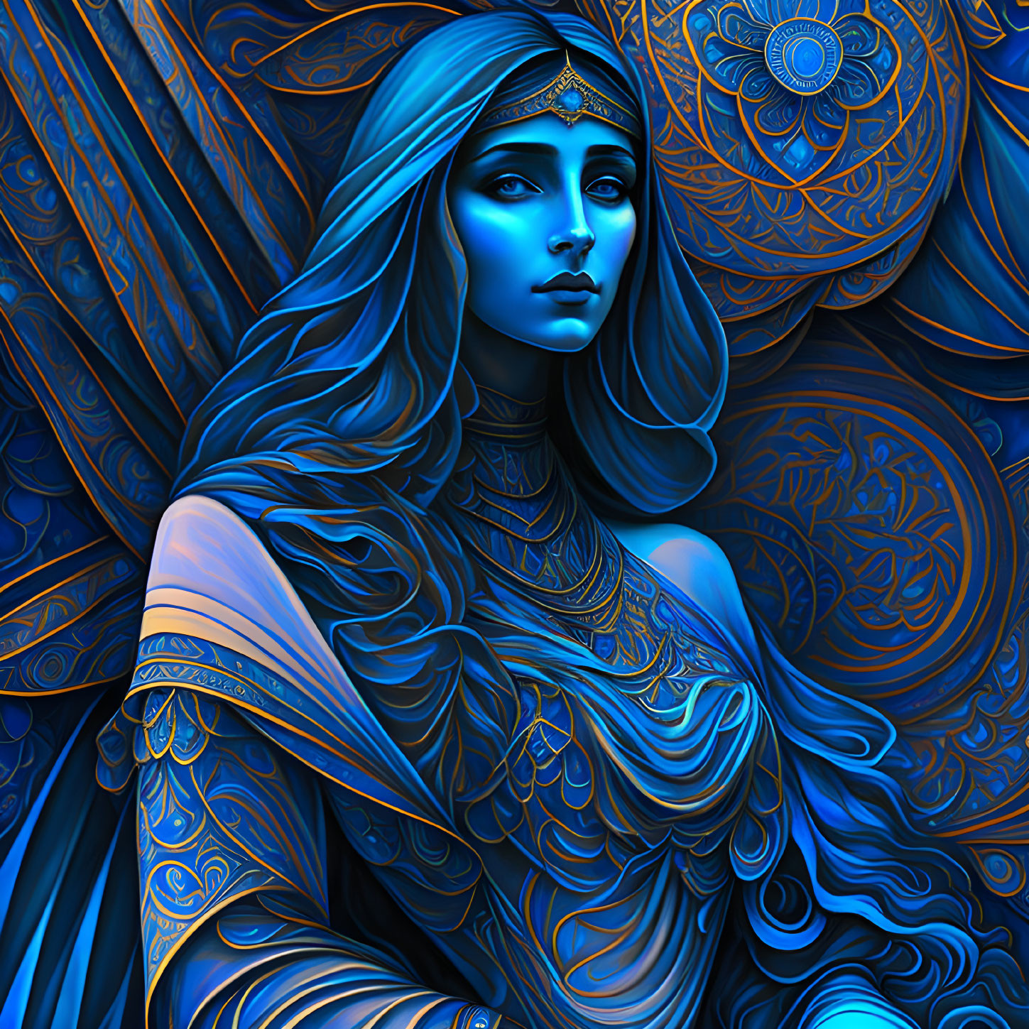 Detailed illustration of woman in blue flowing garments with ornate golden patterns