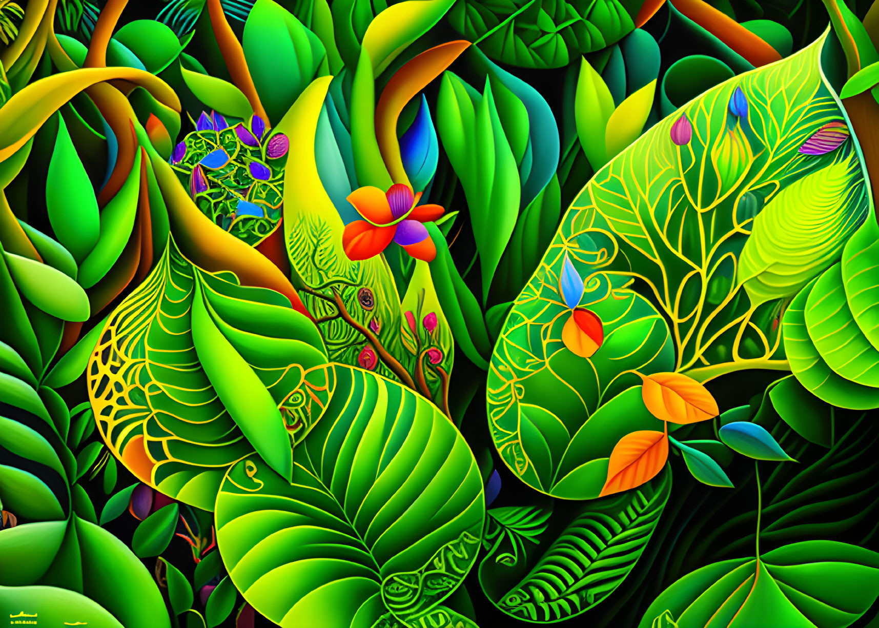 Colorful digital artwork: stylized green foliage & vibrant flowers