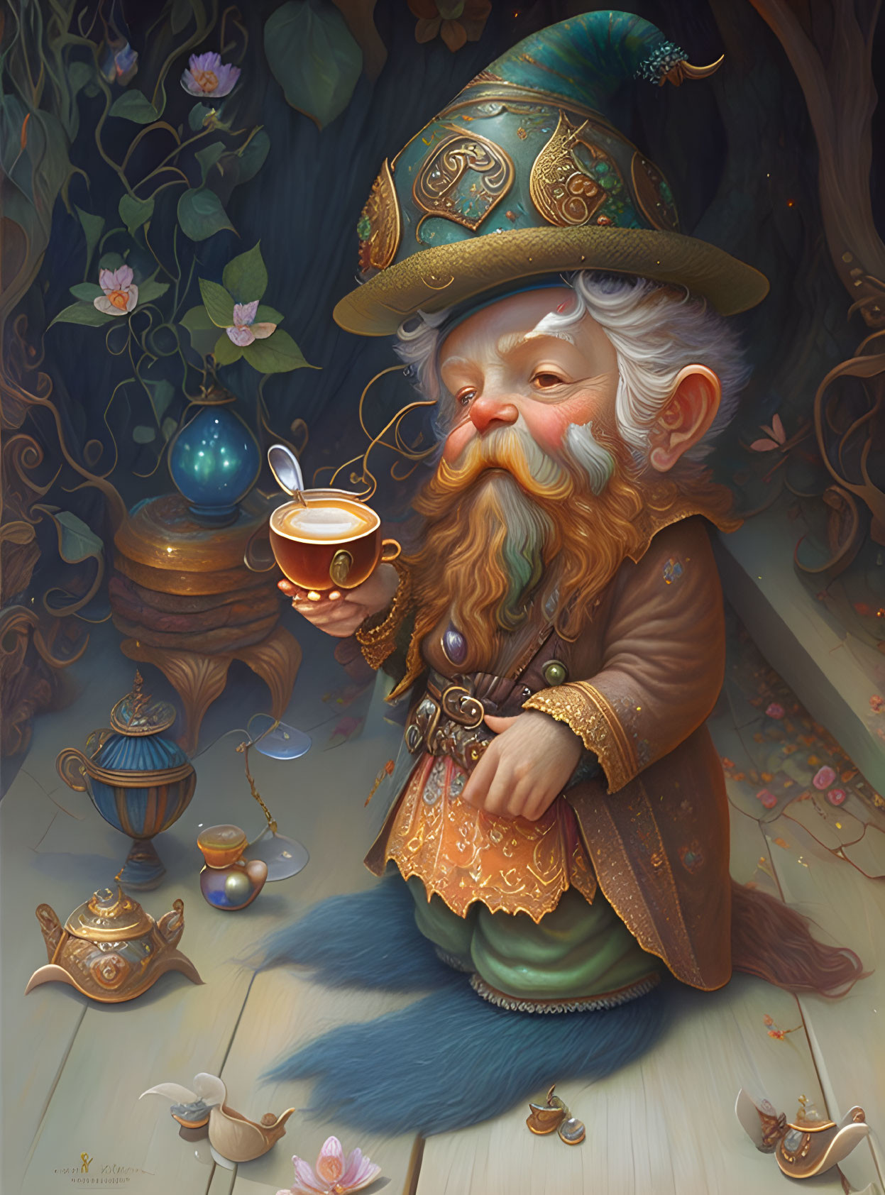 Whimsical gnome with golden cup amid teapots and flora