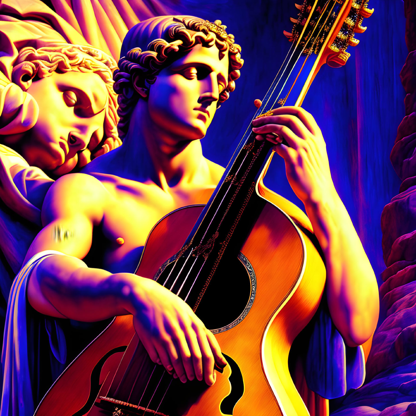 Colorful digital artwork: Classical statue playing guitar in blue and purple hues, angelic figure.