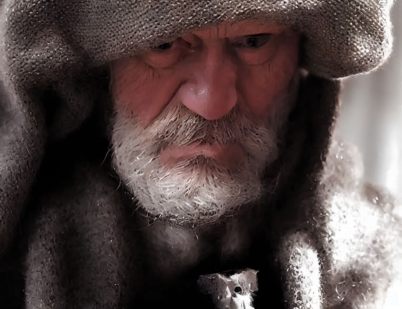 Elderly Man with White Beard in Knit Hat Deep in Thought