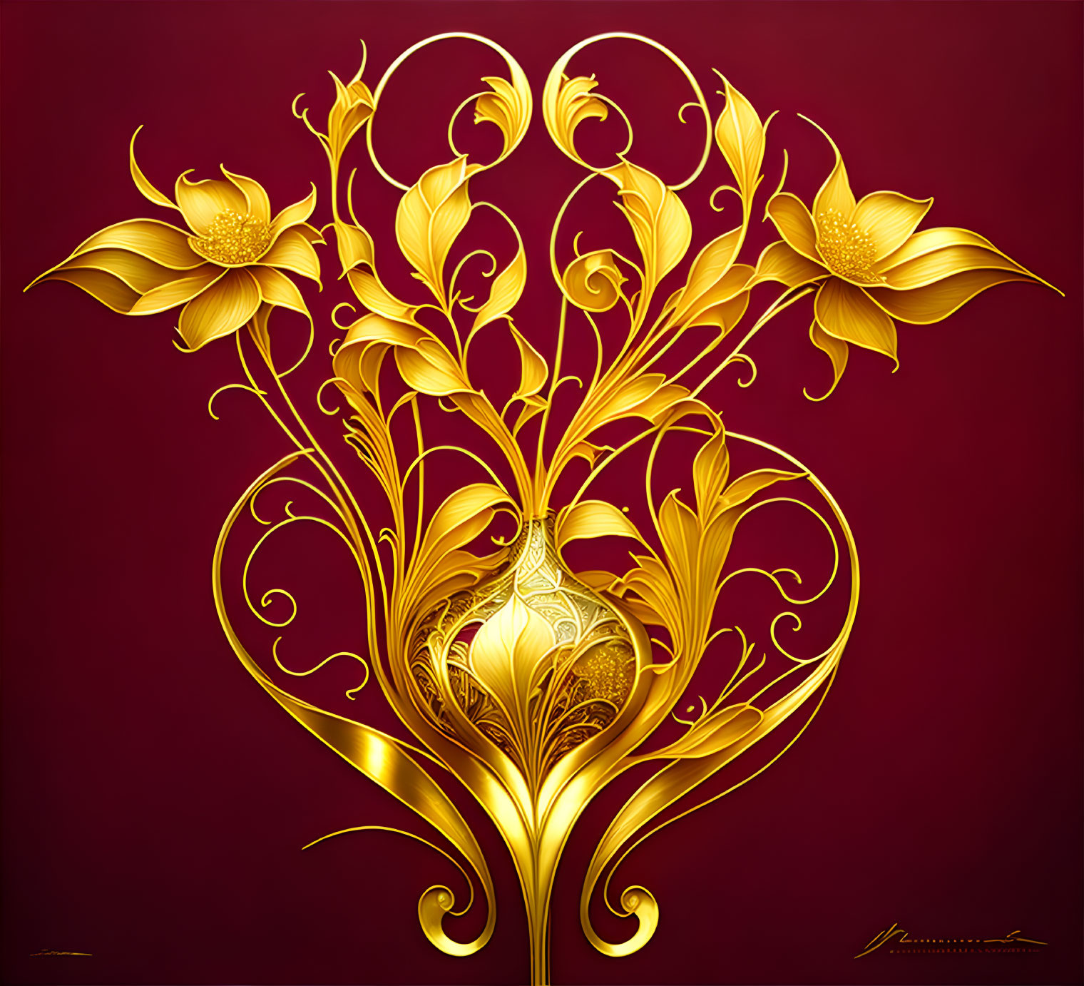 Golden floral design on deep red background with intricate detailing