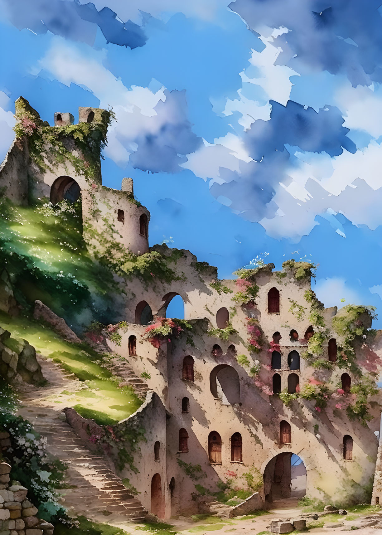 Sunlit ancient ruins with arches and greenery under blue skies