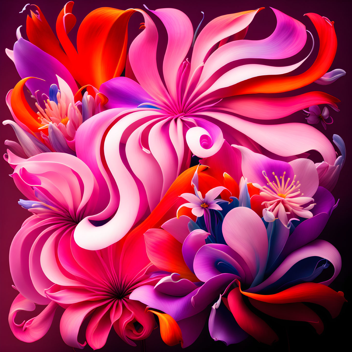 Colorful Abstract Flower Art in Pink, Red, and Purple