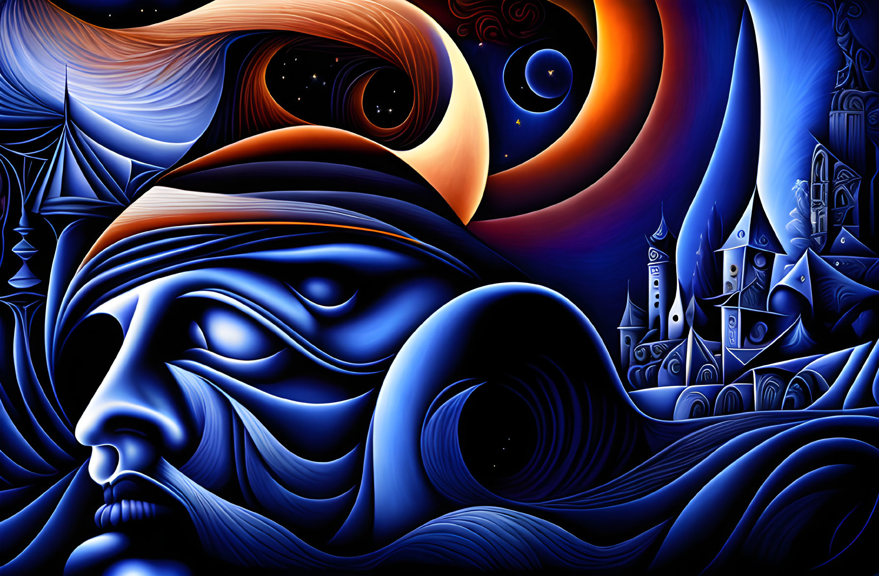 Abstract surreal digital artwork with vivid colors, swirling patterns, celestial elements, and stylized architecture.