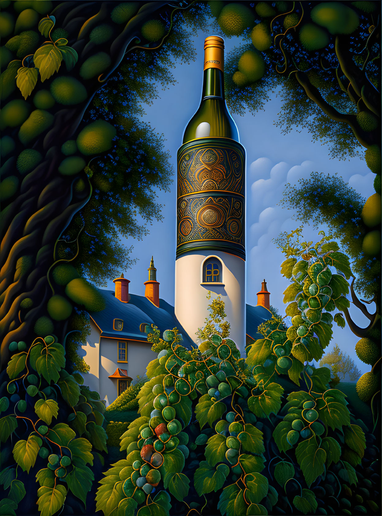 Detailed whimsical illustration of oversized wine bottle in vineyard setting