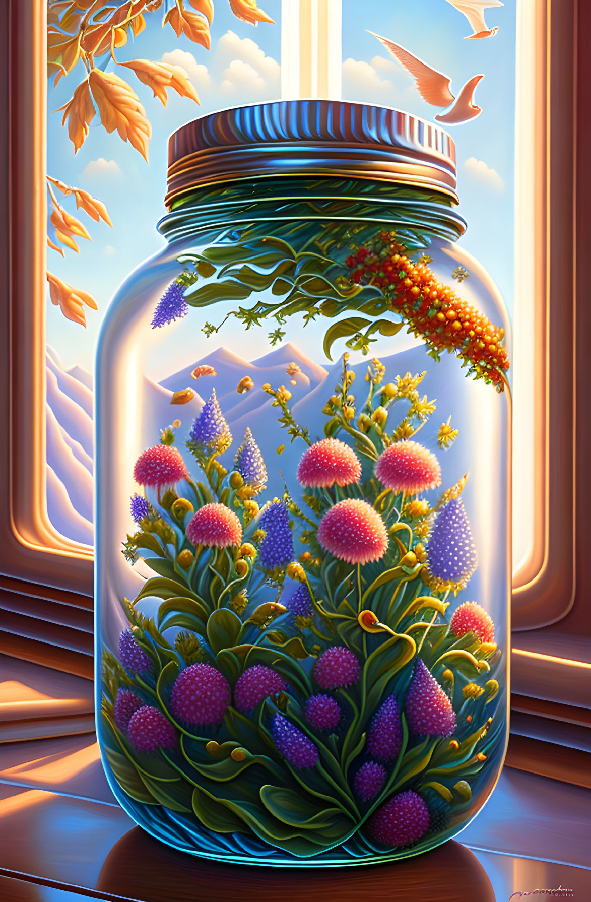 Colorful painting: Glass jar with vibrant flowers and plants, window scene with autumn leaves and birds.