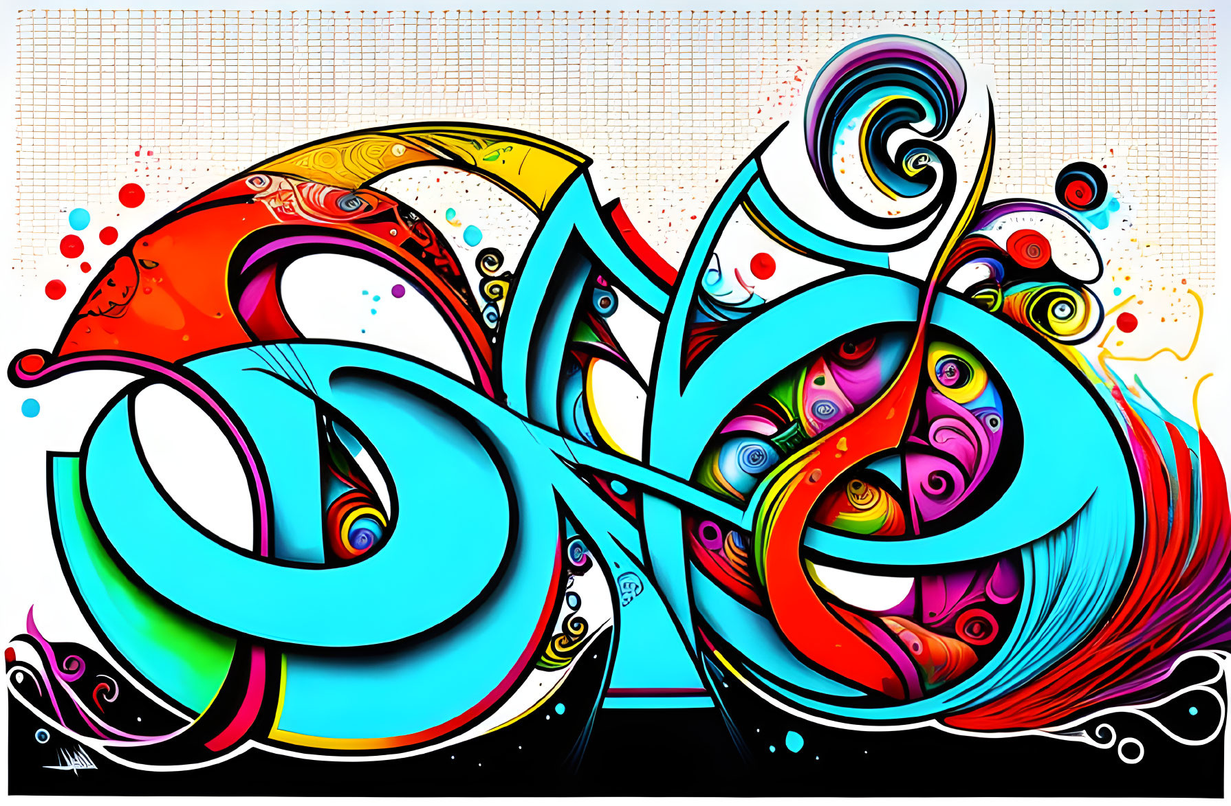 Colorful graffiti-style artwork with abstract swirling patterns on dotted background