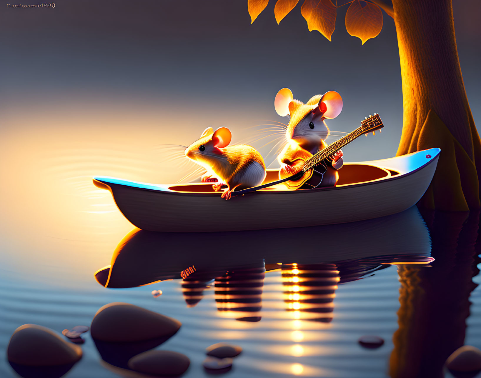 Cartoon mice in boat with guitar on serene water.