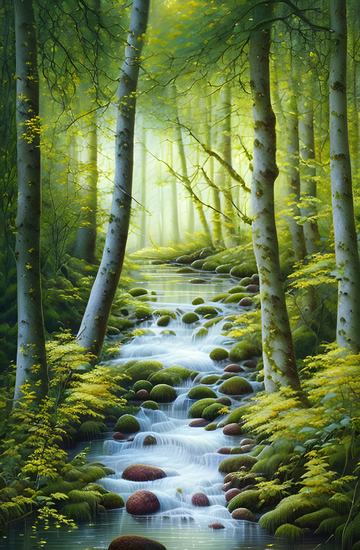 Tranquil forest stream with birch trees and moss-covered ground