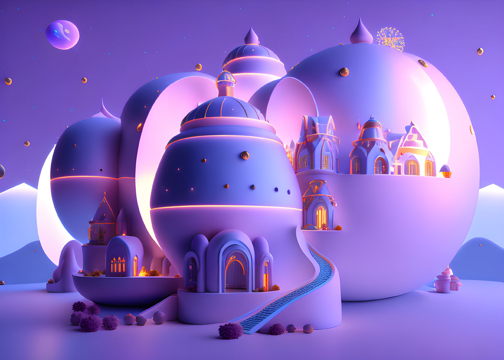 Purple Fantasy Landscape 3D Illustration: Twilight Scene with Round Buildings and Golden Windows