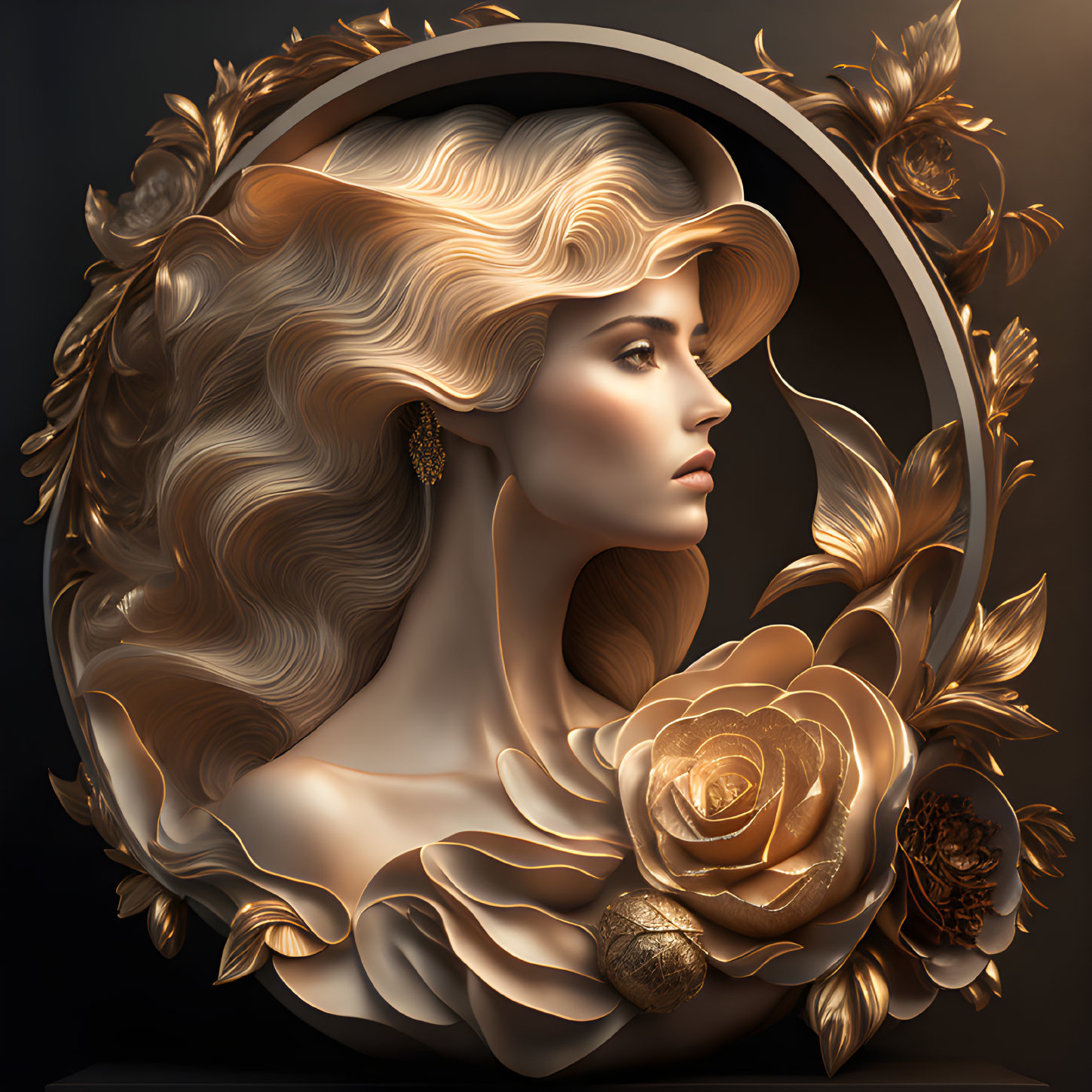 Art Nouveau Woman Profile with Golden Floral Frame