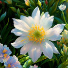 Colorful Digital Painting of White Flower with Yellow Center surrounded by Blue Blossoms and Green Foliage