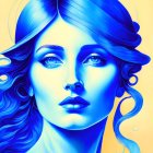 Detailed digital portrait of woman with blue skin and wavy hair against yellow background