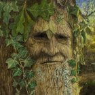 Detailed forest deity face intertwined with lush green foliage and tree trunks