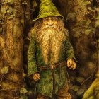 Gnome painting with long beard in green outfit among autumn leaves