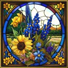 Colorful tulip-themed stained glass window with intricate patterns and mosaic-like design.