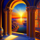 Scenic sunset artwork with archway, columns, and autumn trees in warm tones